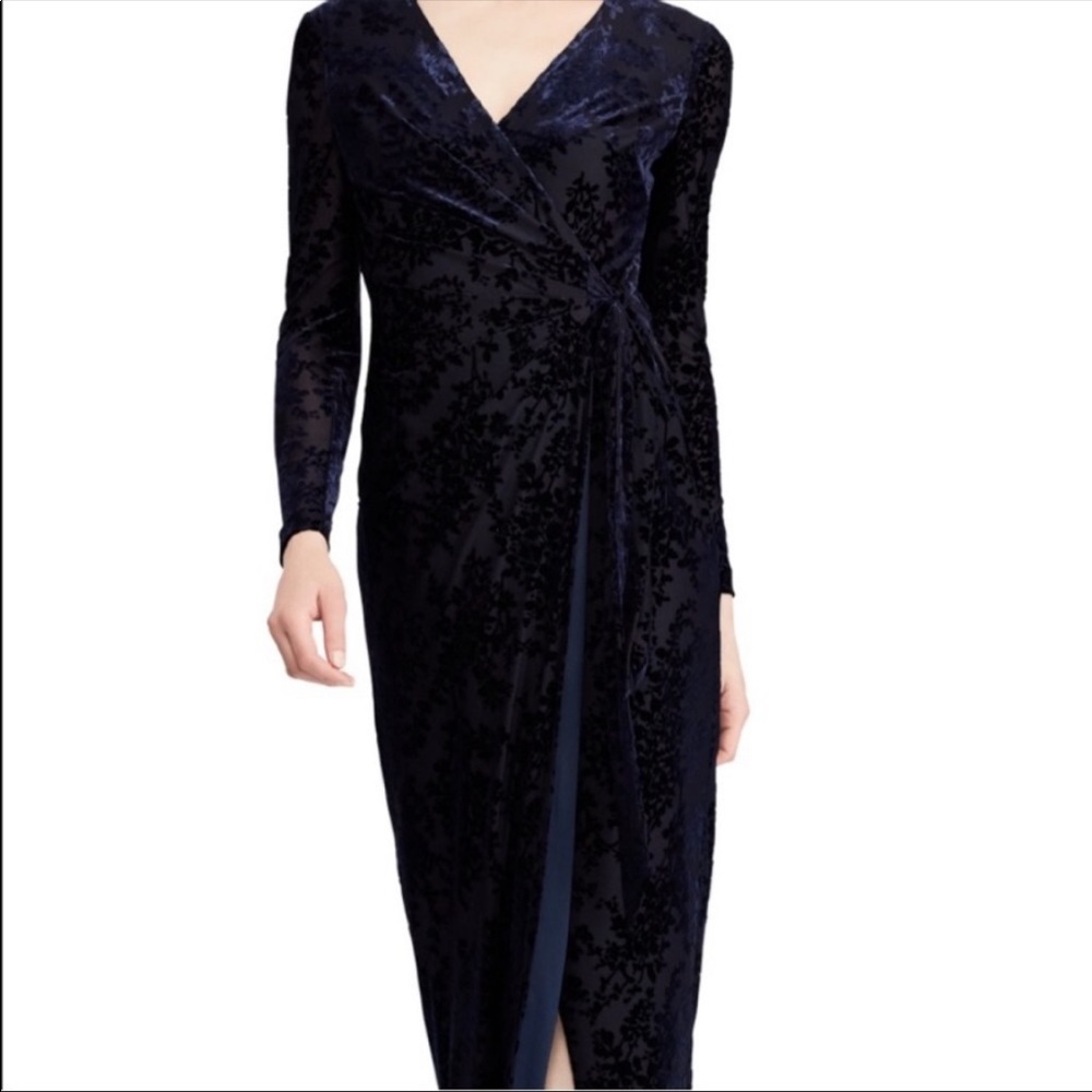 Lauren Ralph Lauren Long Navy Velvet Patterned Wrap Dress Women’s Size 14